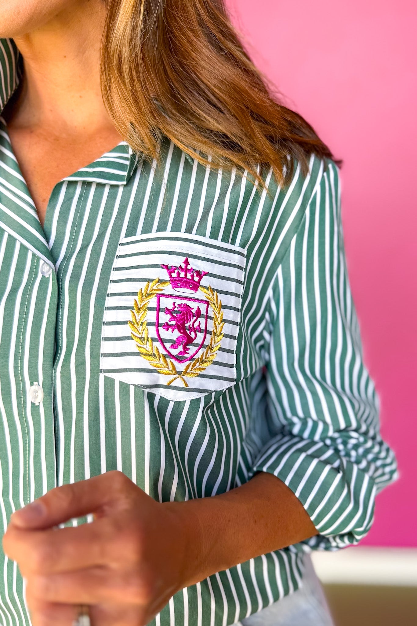 SSYS Collette Poplin Stripe Embroidery Top In Hunter