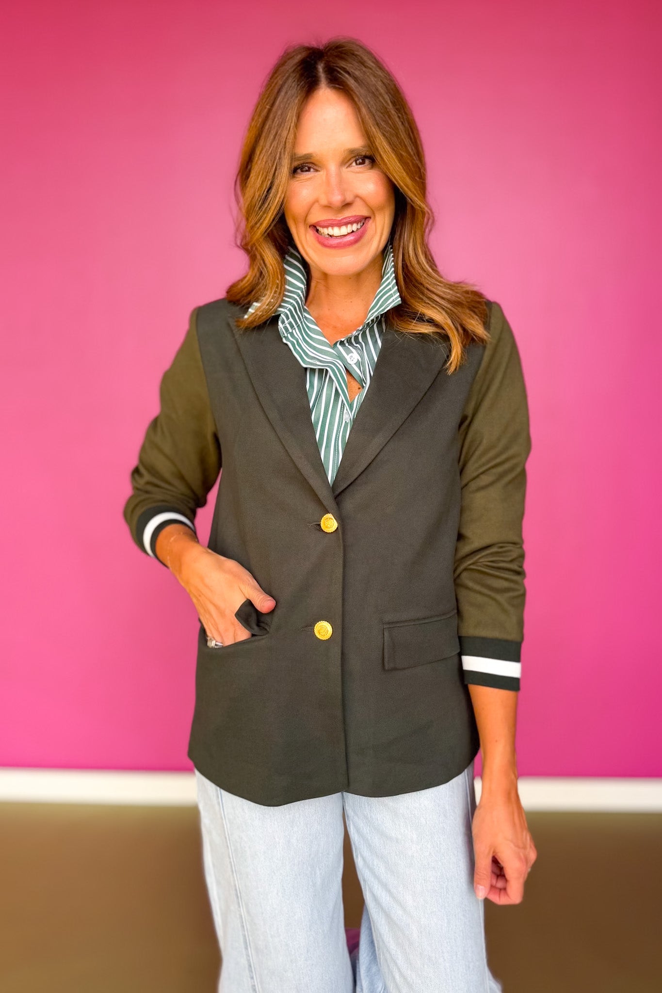 SSYS Arlene Mixed Media Varsity Blazer In Olive