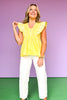 Yellow Embroidered V Neck Flutter Sleeve Top *FINAL SALE*