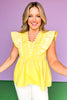 Yellow Embroidered V Neck Flutter Sleeve Top *FINAL SALE*