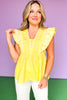 Yellow Embroidered V Neck Flutter Sleeve Top *FINAL SALE*