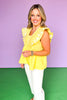 Yellow Embroidered V Neck Flutter Sleeve Top *FINAL SALE*