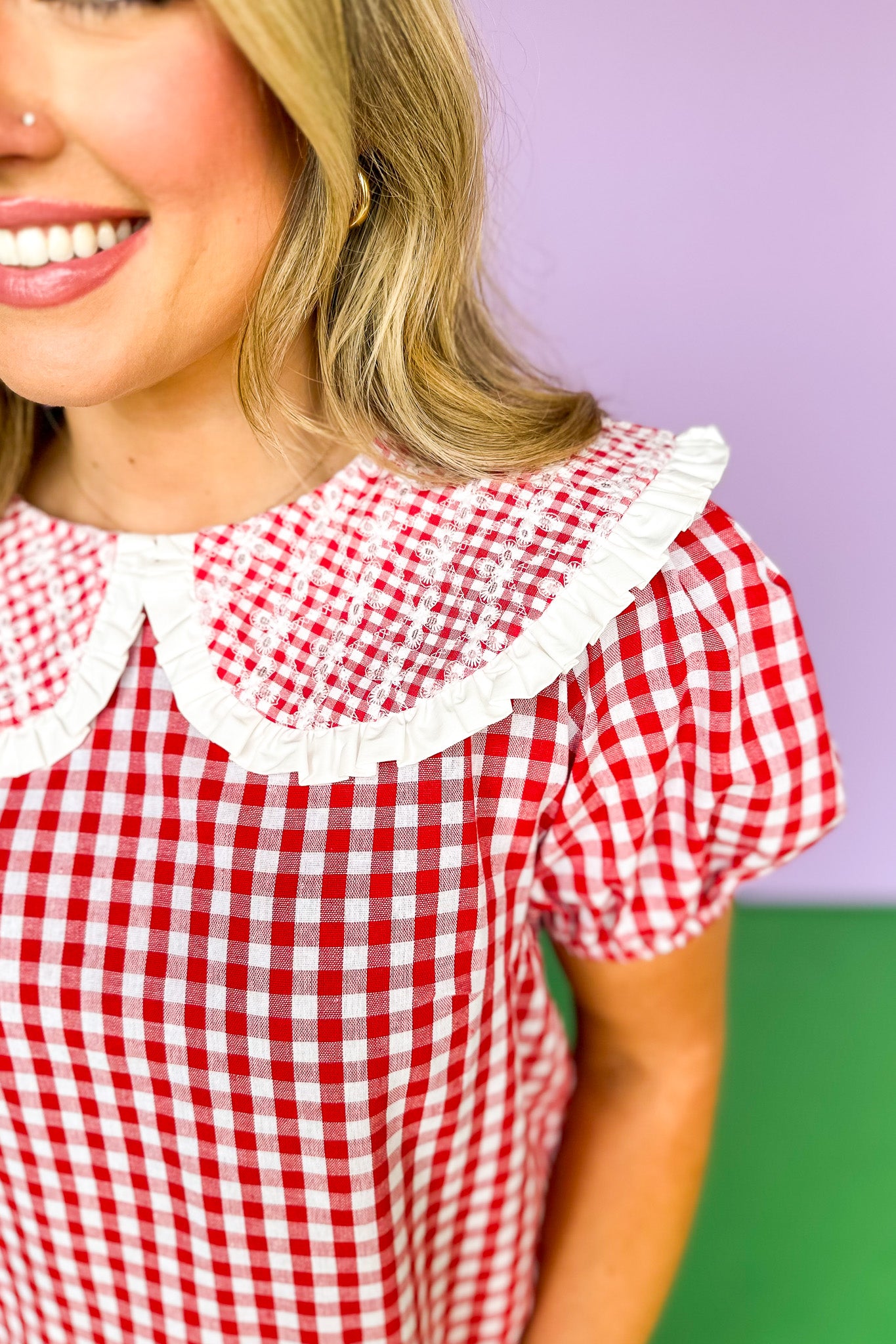 Red Plaid Eyelet Ribbon Collar Puff Sleeve Top *FINAL SALE*