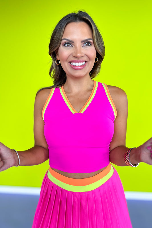 SSYS Pink Lime Orange Trim V Neck Padded Tank Top