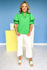 Green Ruffle V Neck Button Front Elastic Short Puff Sleeve Top, ssys by mallory fitzsimmons