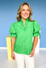Green Ruffle V Neck Button Front Elastic Short Puff Sleeve Top, ssys by mallory fitzsimmons