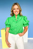 Green Ruffle V Neck Button Front Elastic Short Puff Sleeve Top, ssys by mallory fitzsimmons