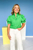 Green Ruffle V Neck Button Front Elastic Short Puff Sleeve Top, ssys by mallory fitzsimmons