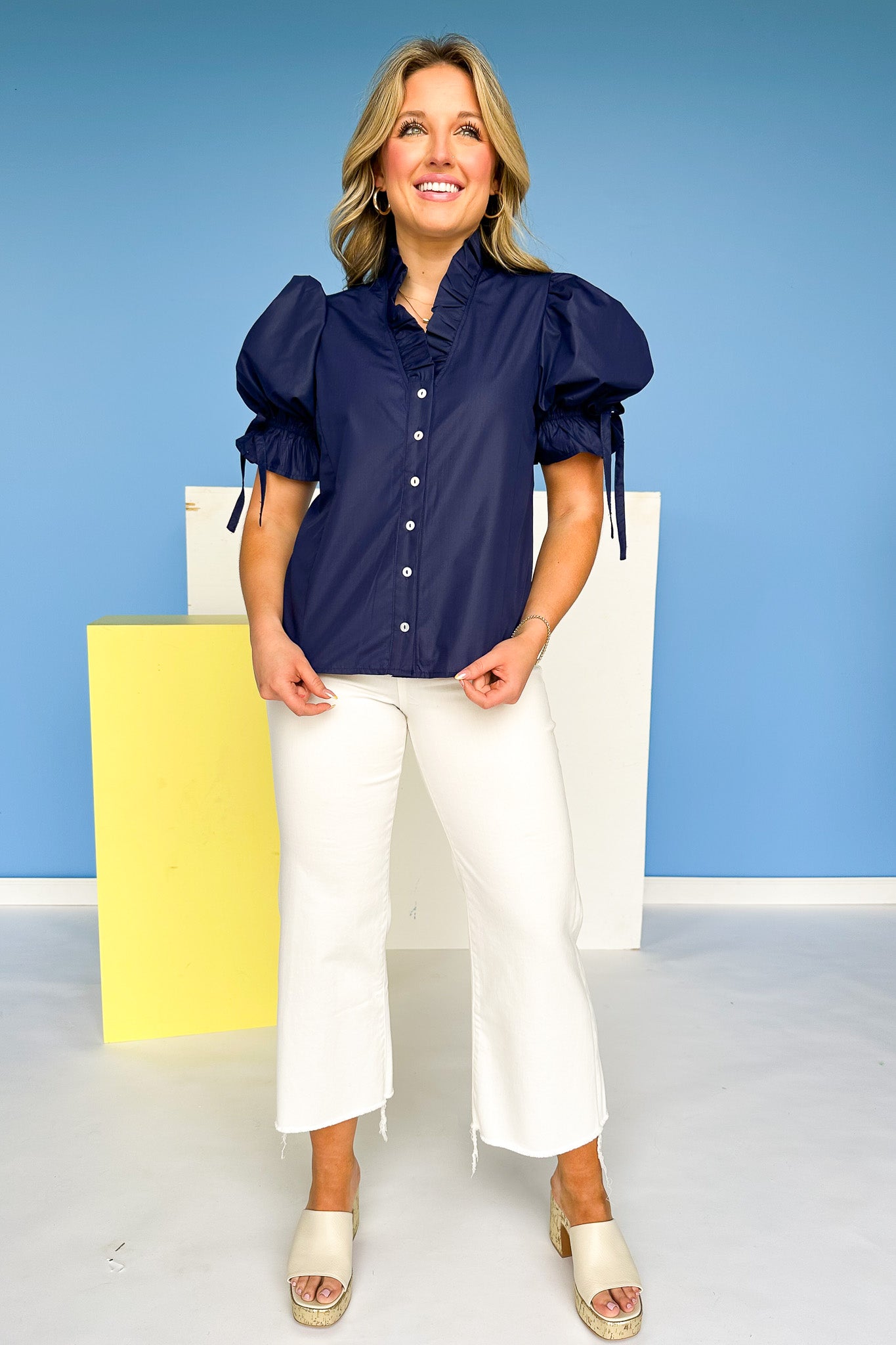 Navy Ruffle V Neck Button Front Elastic Short Puff Sleeve Top, ssys by mallory fitzsimmons