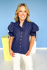 Navy Ruffle V Neck Button Front Elastic Short Puff Sleeve Top, ssys by mallory fitzsimmons