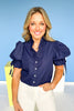 Navy Ruffle V Neck Button Front Elastic Short Puff Sleeve Top, ssys by mallory fitzsimmons