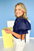 Navy Ruffle V Neck Button Front Elastic Short Puff Sleeve Top, ssys by mallory fitzsimmons