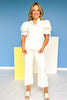 Off White Ruffle V Neck Button Front Elastic Short Puff Sleeve Top, ssys by mallory fitzsimmons