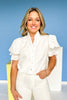Off White Ruffle V Neck Button Front Elastic Short Puff Sleeve Top, ssys by mallory fitzsimmons