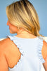 SSYS Ruffle Racerback Scuba Tank Top In Light Blue, scuba drop, ssys must have, easy to wear, ssys by mallory fitzsimmons