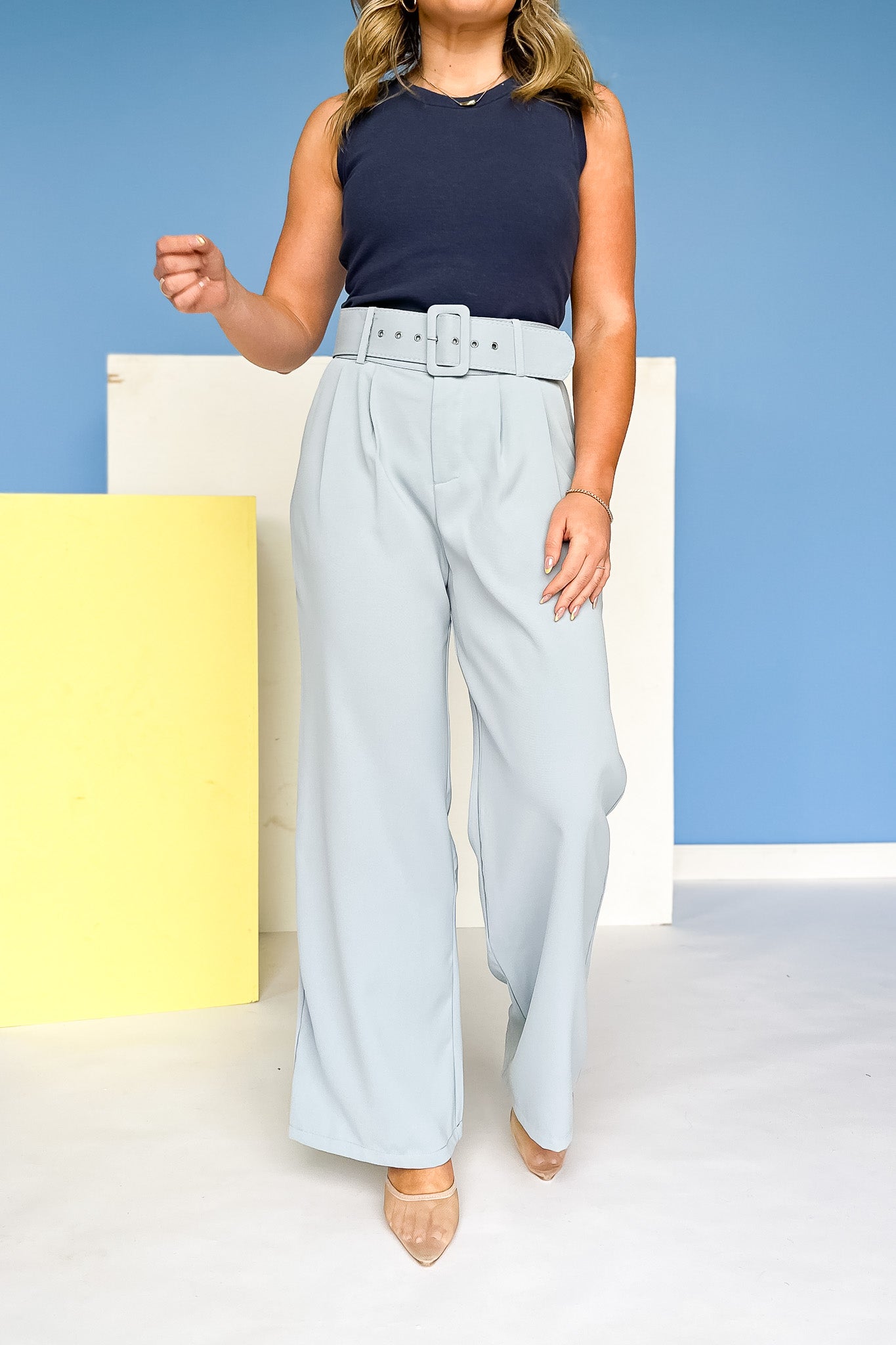 Blue Self Cover Belt Pleated Pants