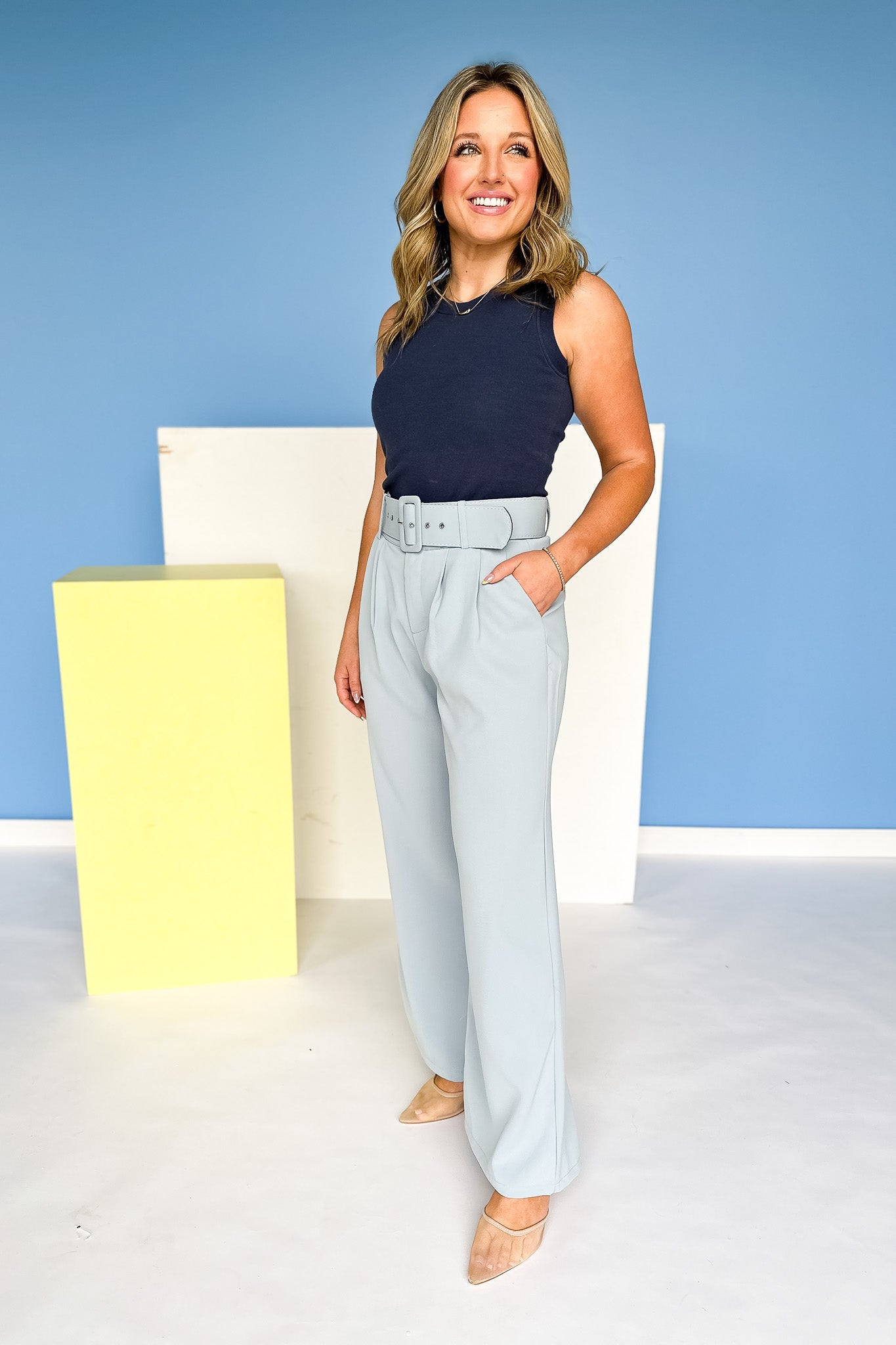 Blue Self Cover Belt Pleated Pants