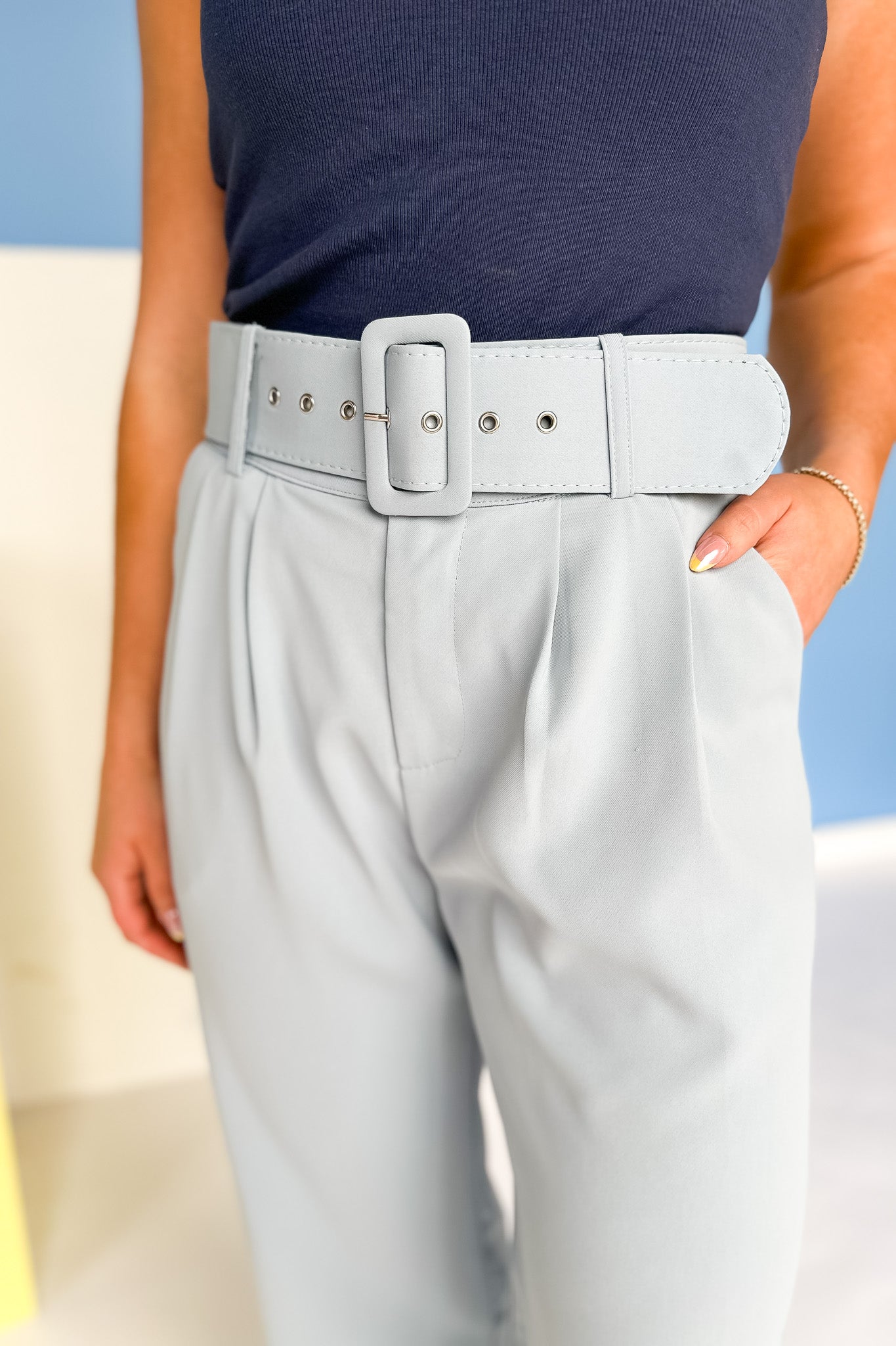 Blue Self Cover Belt Pleated Pants