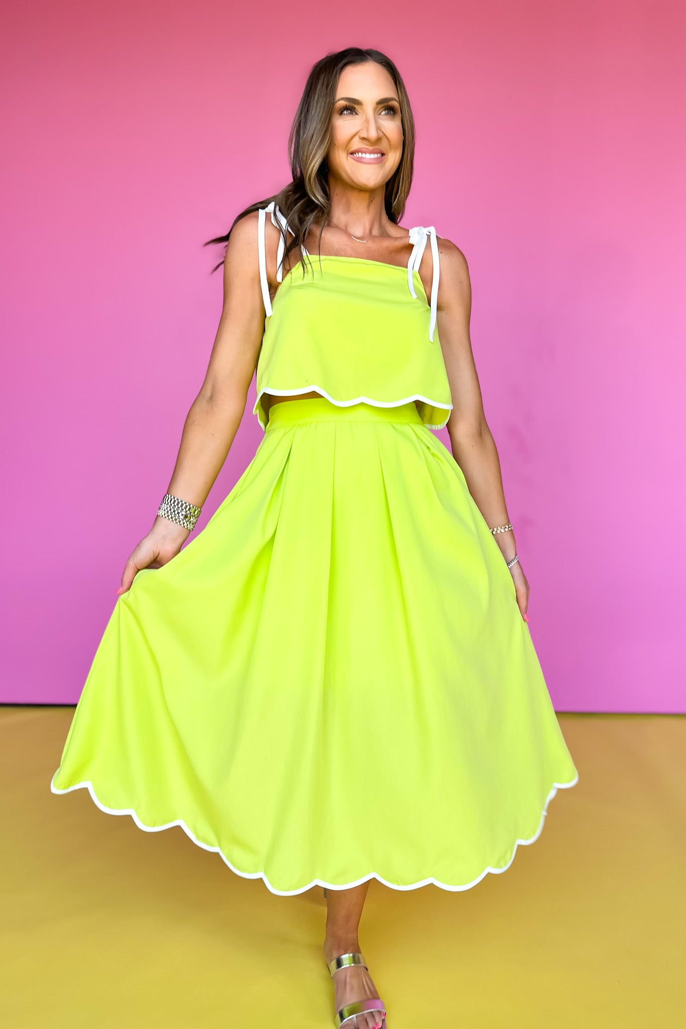 Lime Pleat Front Scallop Hem Midi Skirt *FINAL SALE*