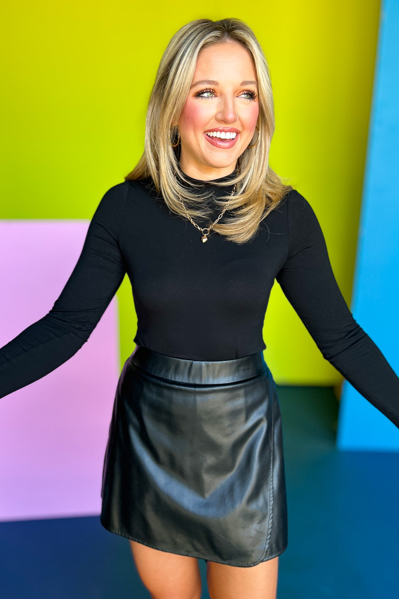 SSYS The Lindsey Faux Leather Skort In Black, ssys fall collection, ssys fall, fall style, fall outfit, must have fall, elevated fall, mom style, office style, office outfit, fall skort, elevated skort, ssys skort, ssys by mallory fitzsimmons