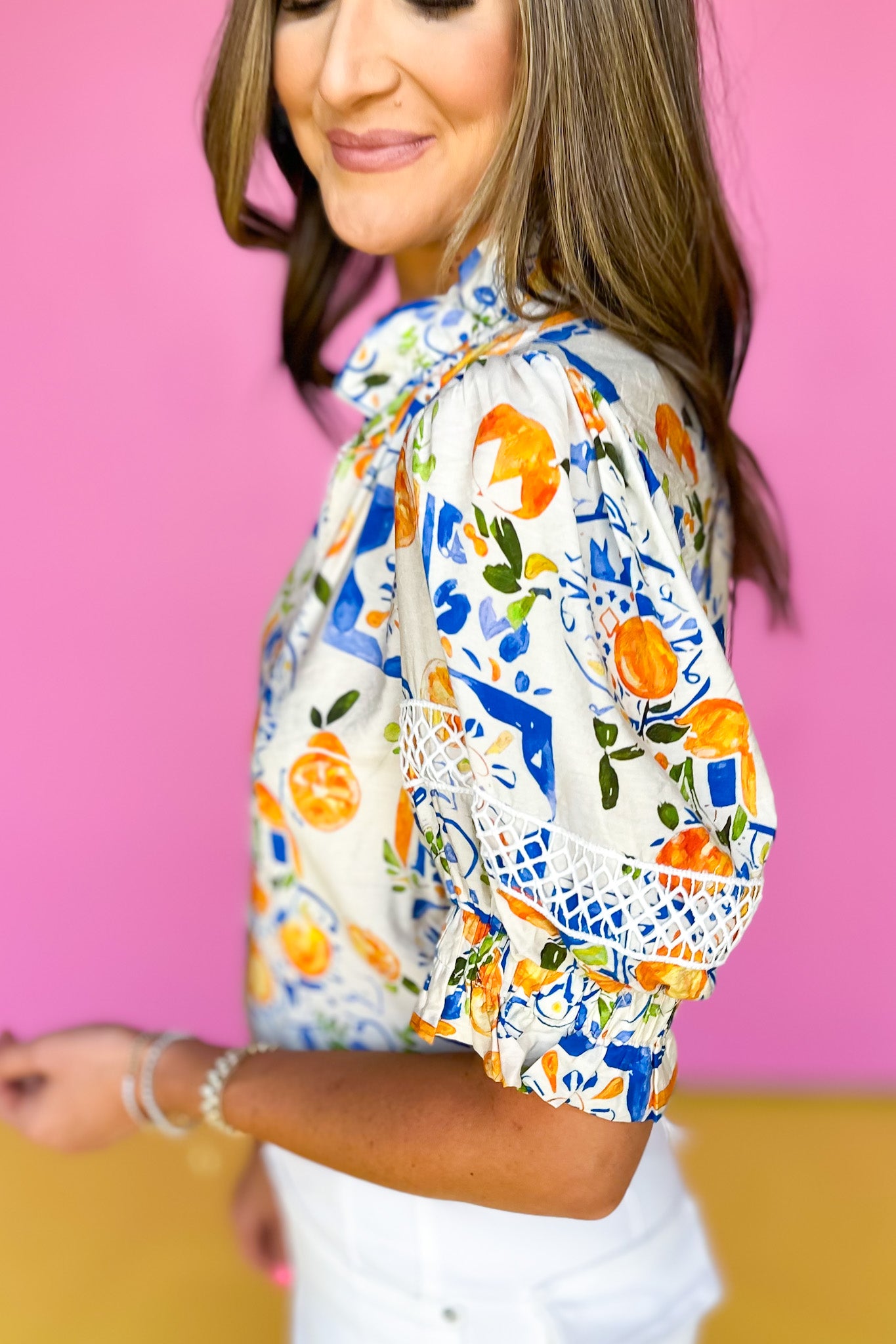 THML Cream Print Puff Sleeve V Neck Top *FINAL SALE*