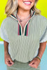 Olive Seersucker Contrast Stripe Collar Neckline Top *FINAL SALE*