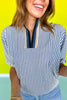 Navy Seersucker Contrast Stripe Collar Neckline Top *FINAL SALE*