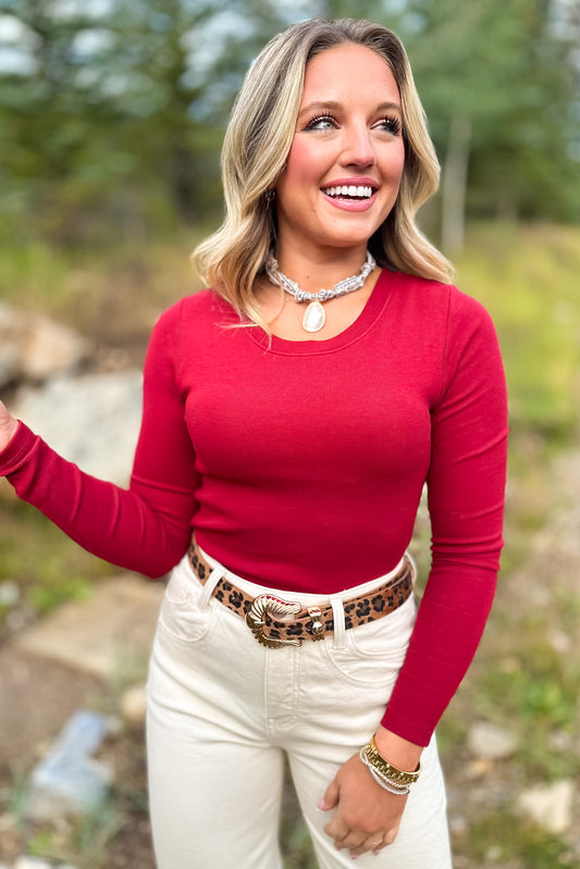 SSYS Ribbed Crew Neck Long Sleeve Top In Maroon