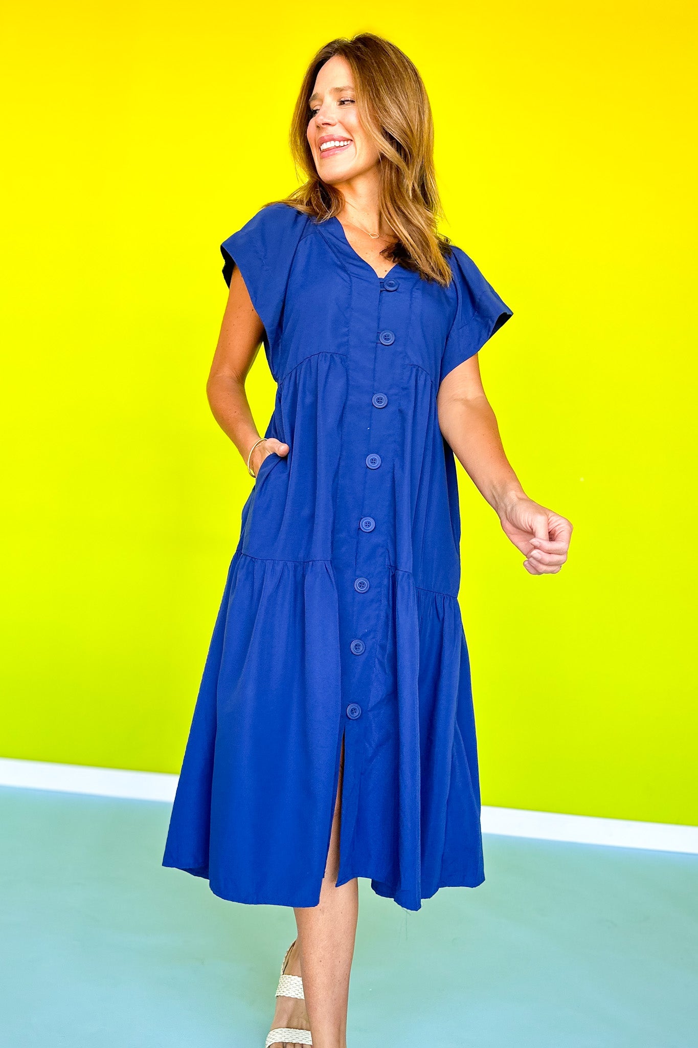 Navy Button Front Flutter Sleeve Midi Dress