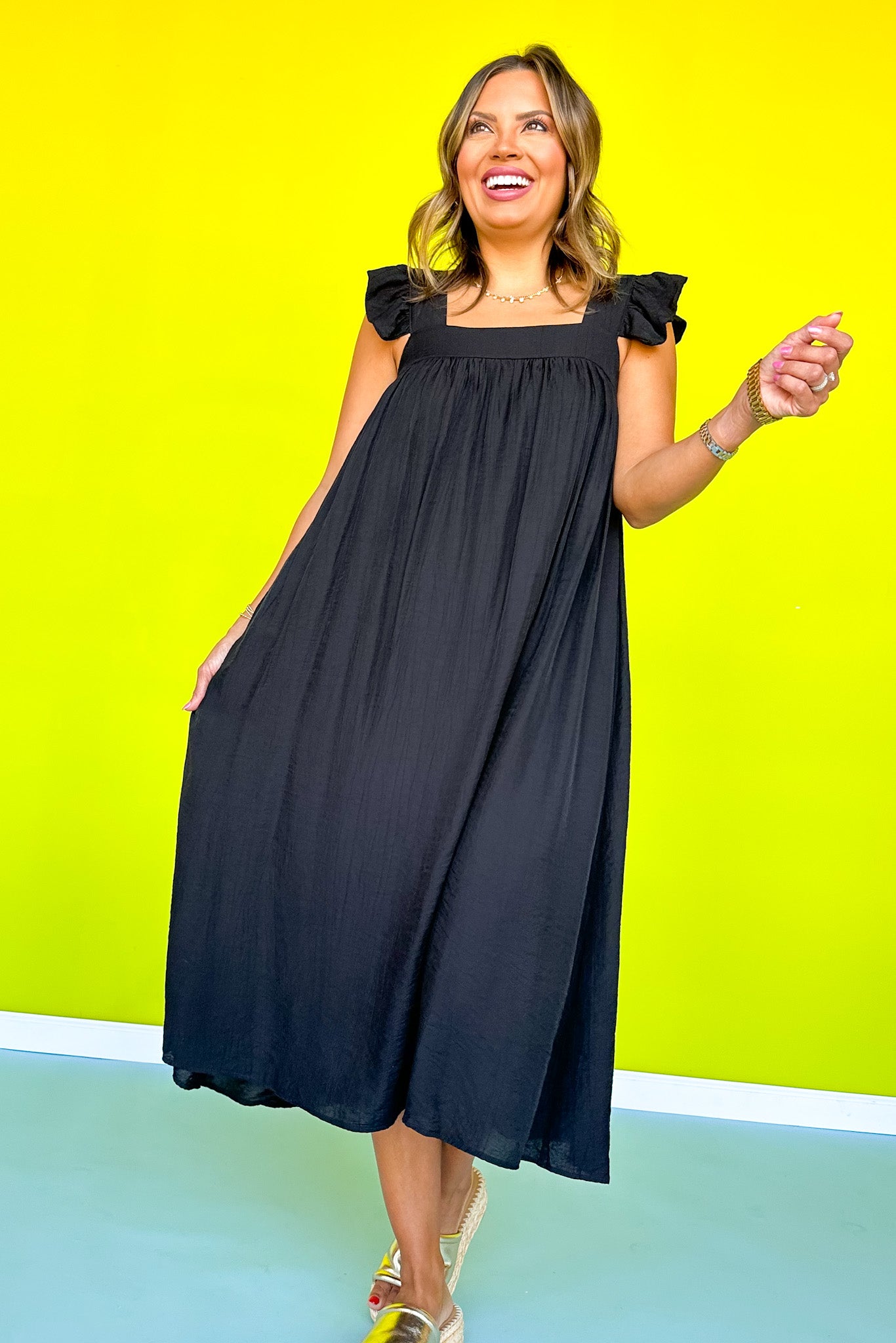 Black Frilled Cap Sleeve Square Neck Midi Dress