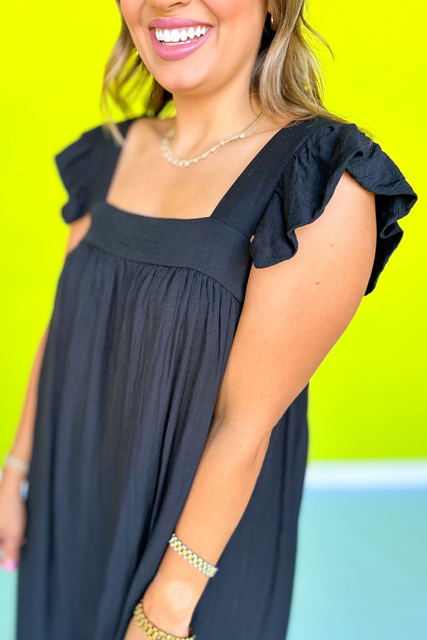 Black Frilled Cap Sleeve Square Neck Midi Dress