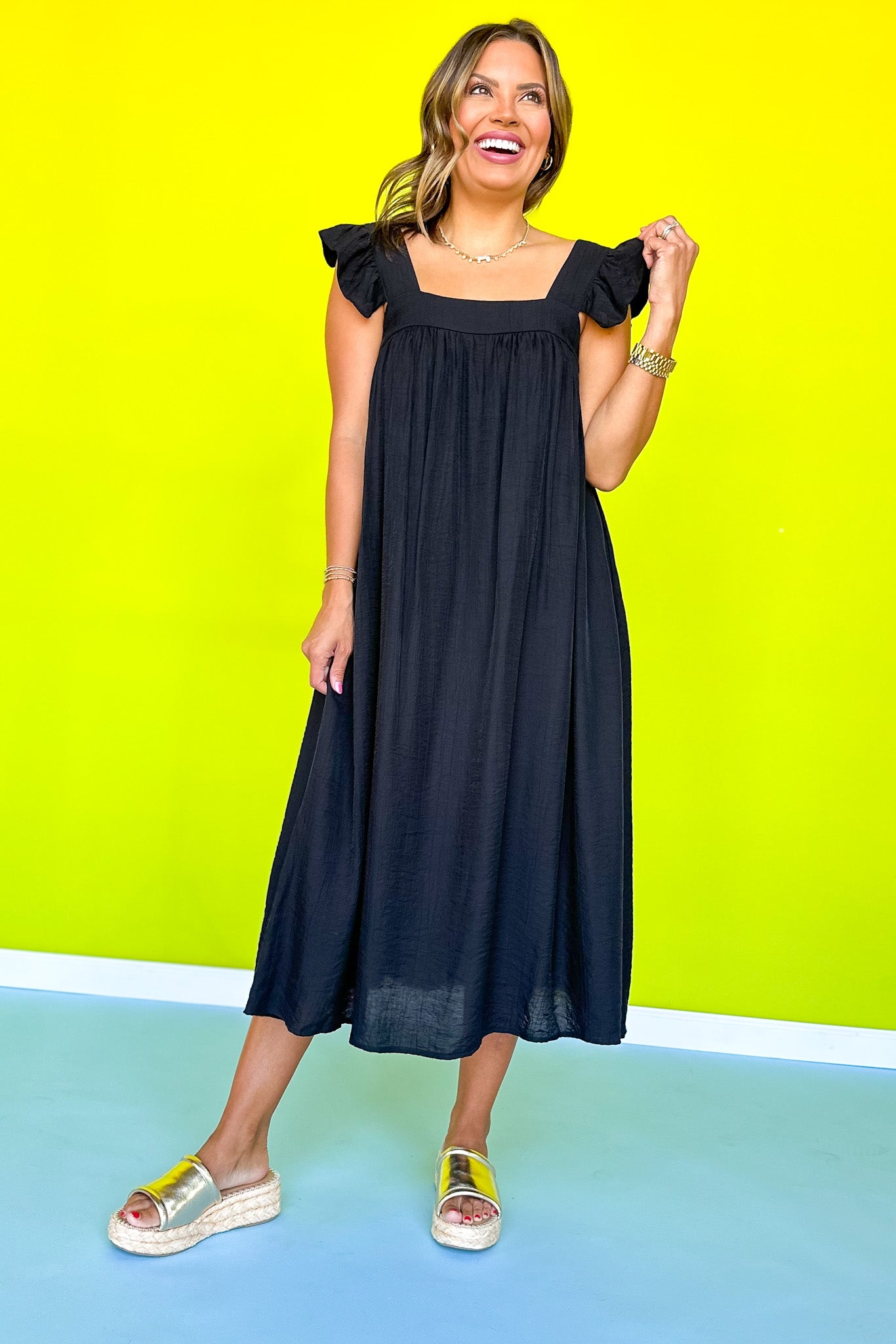 Black Frilled Cap Sleeve Square Neck Midi Dress