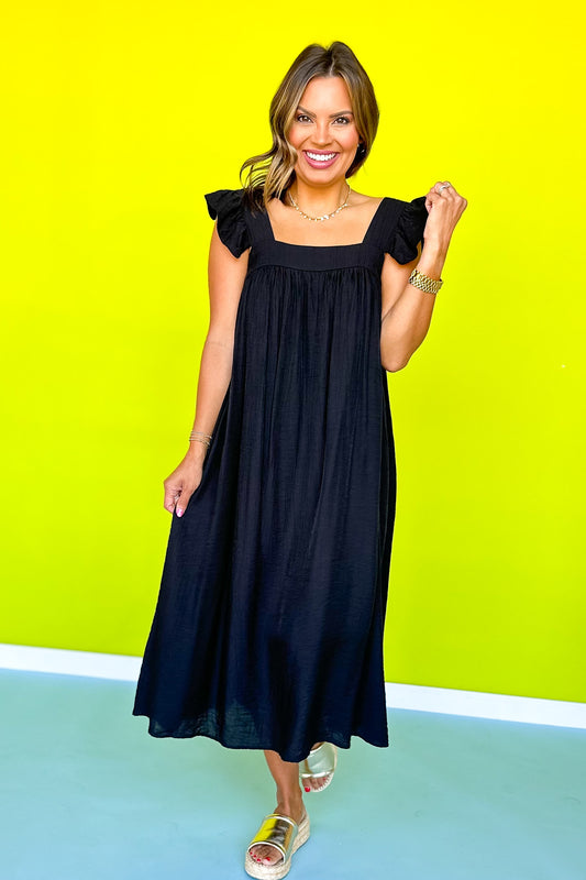 Black Frilled Cap Sleeve Square Neck Midi Dress