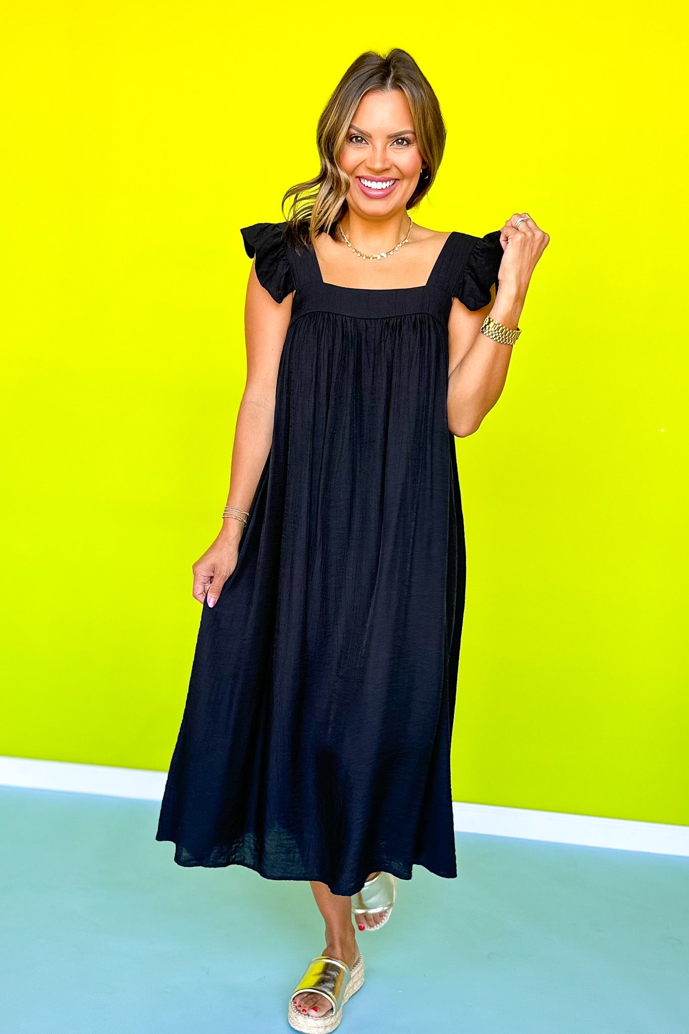 Black Frilled Cap Sleeve Square Neck Midi Dress