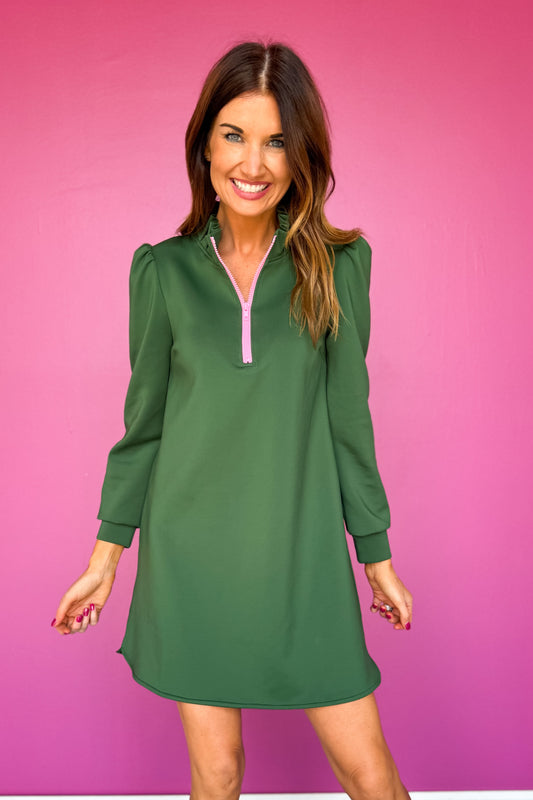 SSYS Zoey Long Sleeve Ruffle Collar Zip Scuba Dress In Hunter