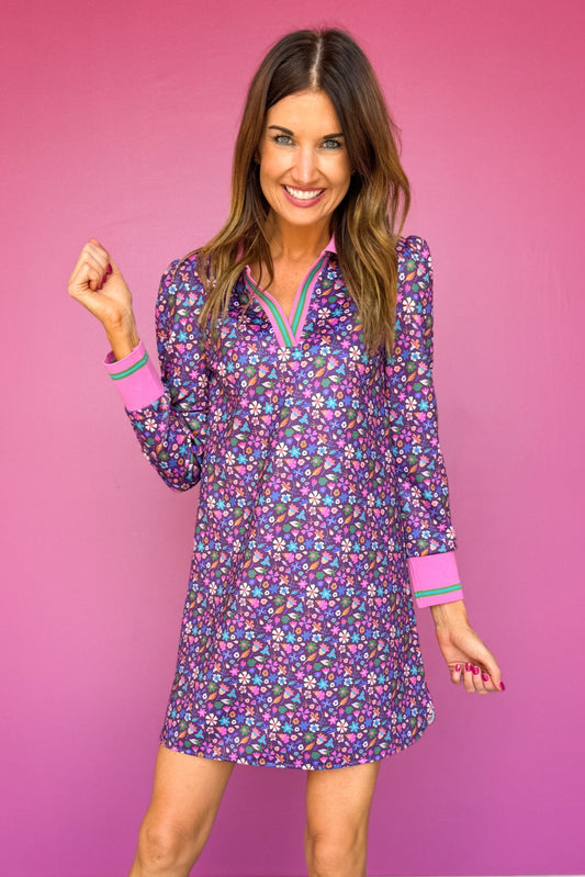 SSYS Maroon Pink Floral Puff Long Sleeve Collared Scuba Active Dress