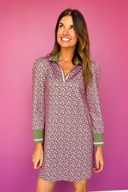 SSYS Hunter Pink Animal Puff Long Sleeve Collared Scuba Active Dress