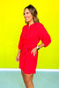 Red Textured V Neck Three Quarter Sleeve Belt Dress *FINAL SALE*