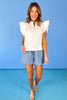 Off White Split Frill Neck Ruffle Layer Sleeve Top, v-neck, work top, church top, spring, summer, ssys by mallory fitzsimmons