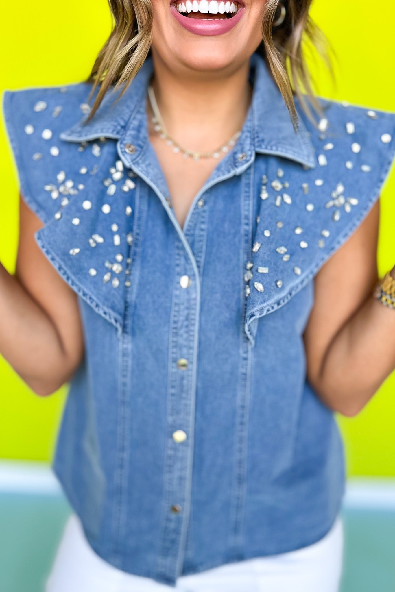 Denim Rhinestone Embellished Flutter Sleeve Top