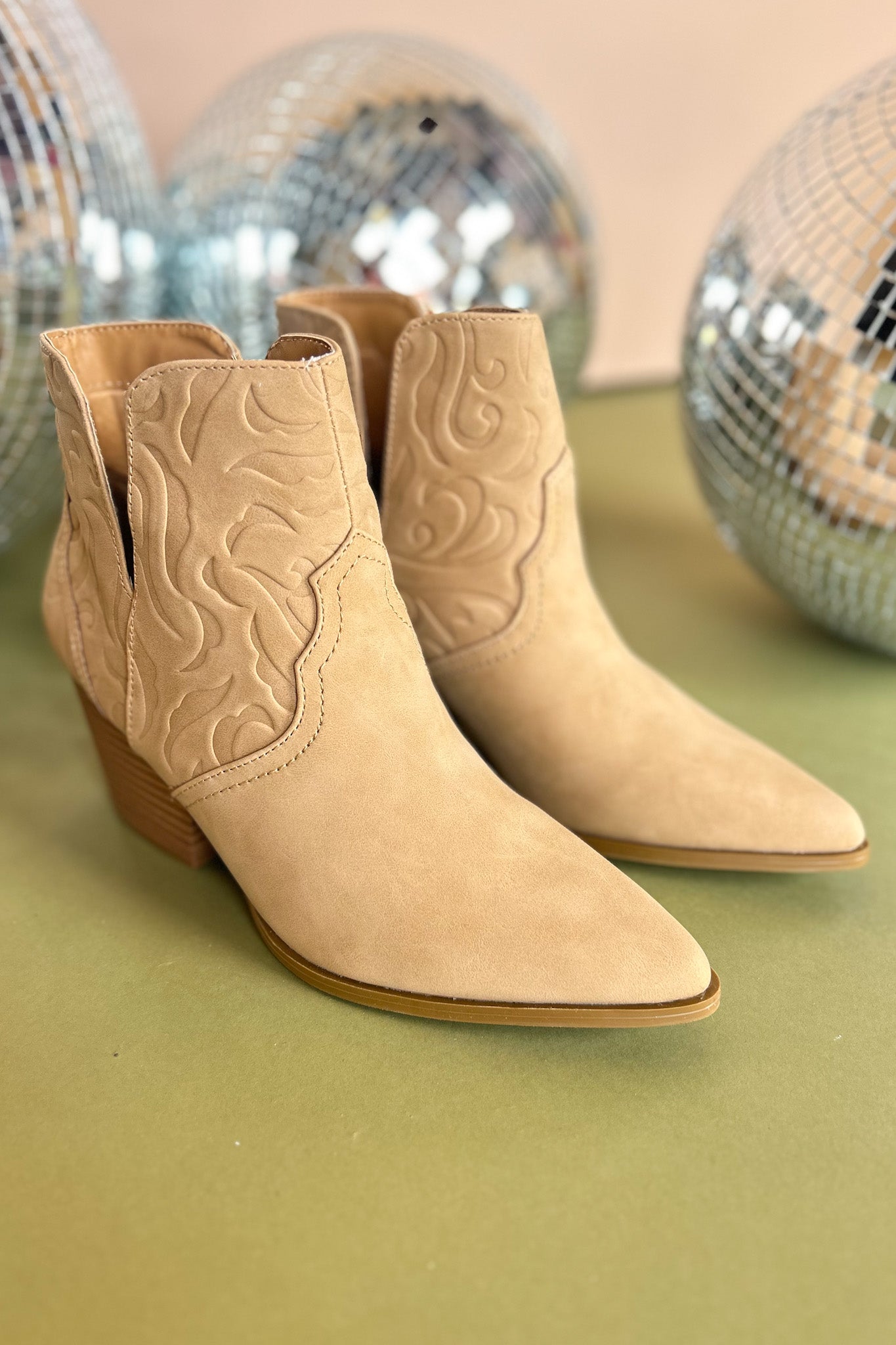 Tan Side Slit Western Pull On Booties, shoes, booties, fall booties, elevated booties, western booties, ssys by mallory fitzsimmons