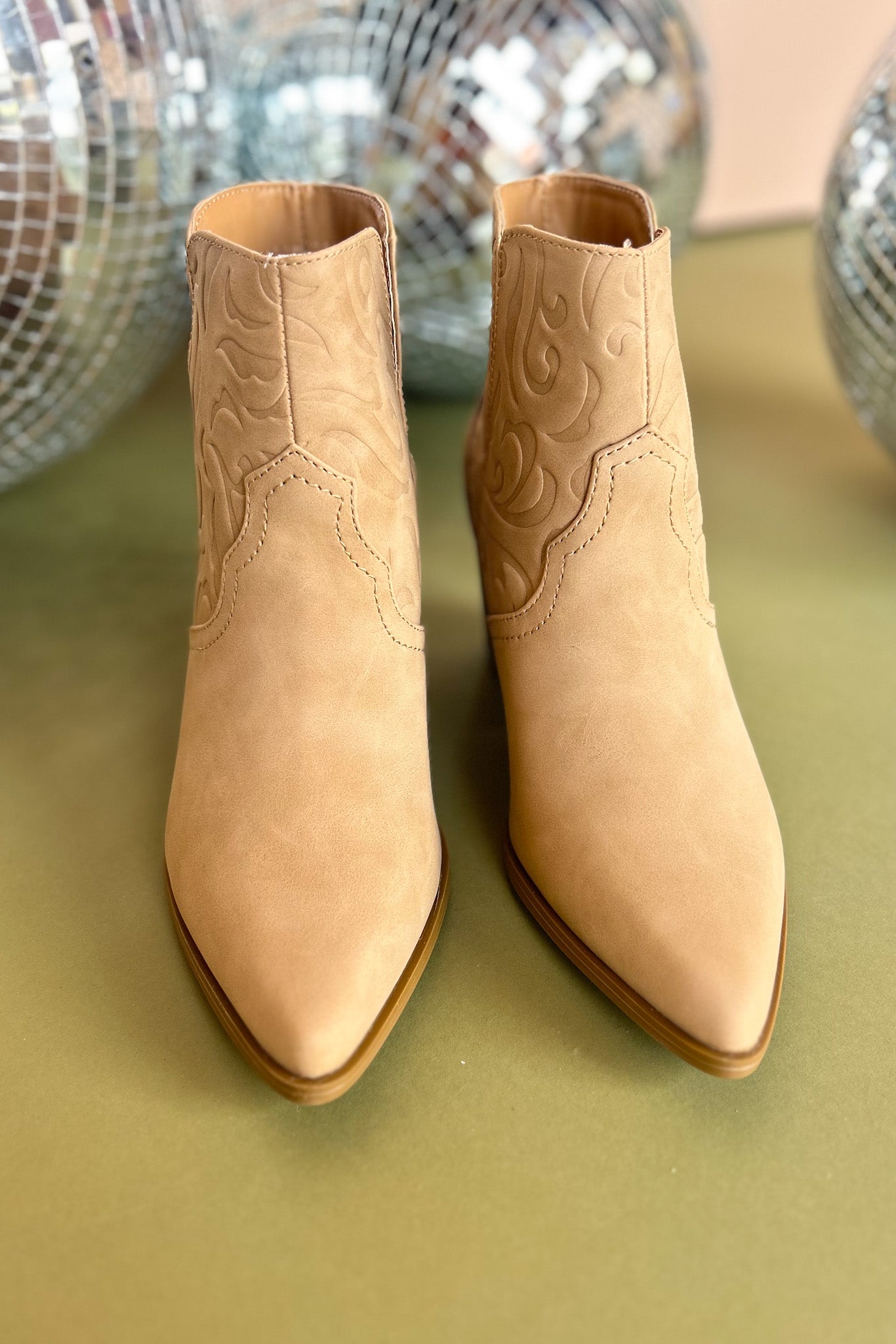 Tan Side Slit Western Pull On Booties, shoes, booties, fall booties, elevated booties, western booties, ssys by mallory fitzsimmons