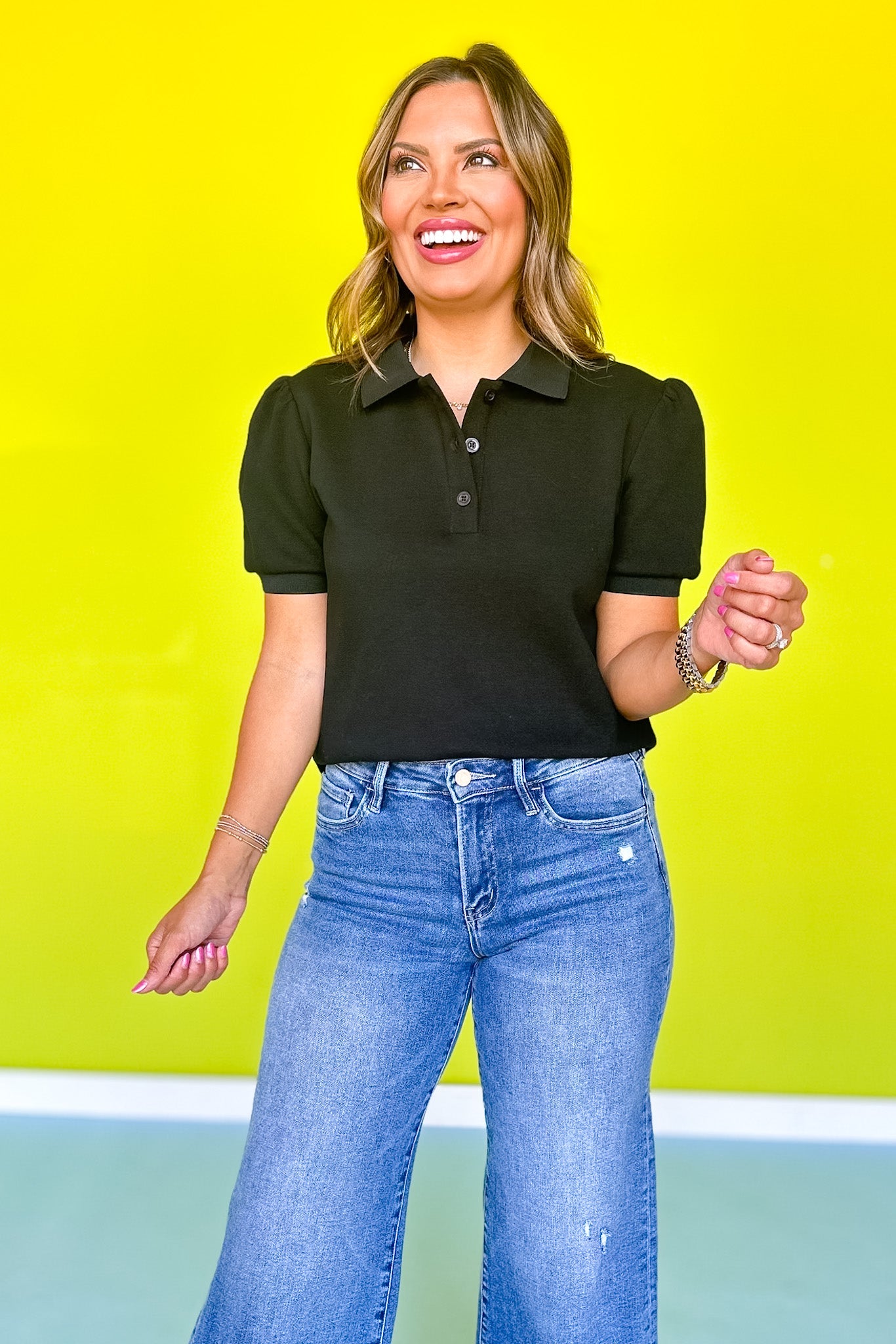 SSYS Haven Short Puff Sleeve Polo Top In Black