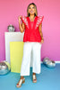 Red Embroidered V Neck Flutter Sleeve Top