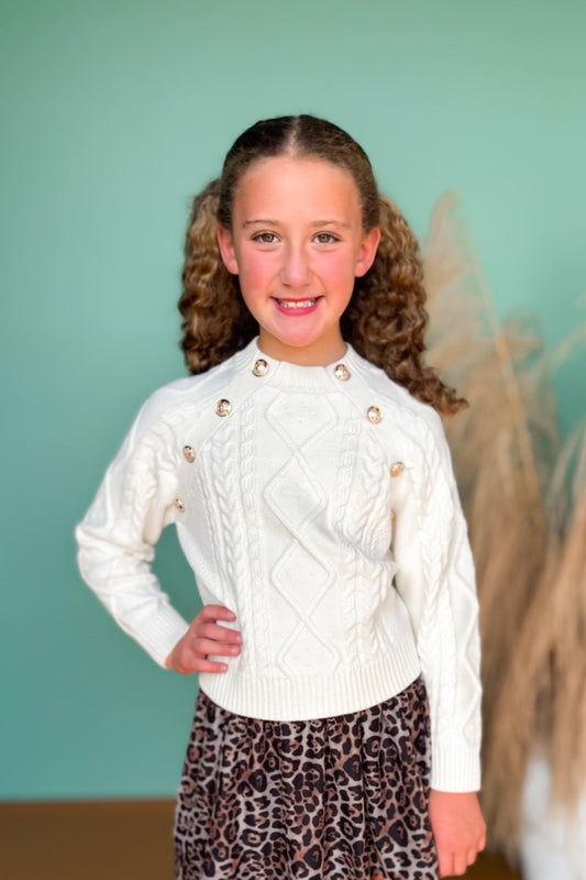 SSYS Kids Larkyn Button Cable Knit Sweater In Ivory