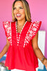 Red Embroidered V Neck Flutter Sleeve Top