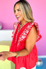 Red Embroidered V Neck Flutter Sleeve Top