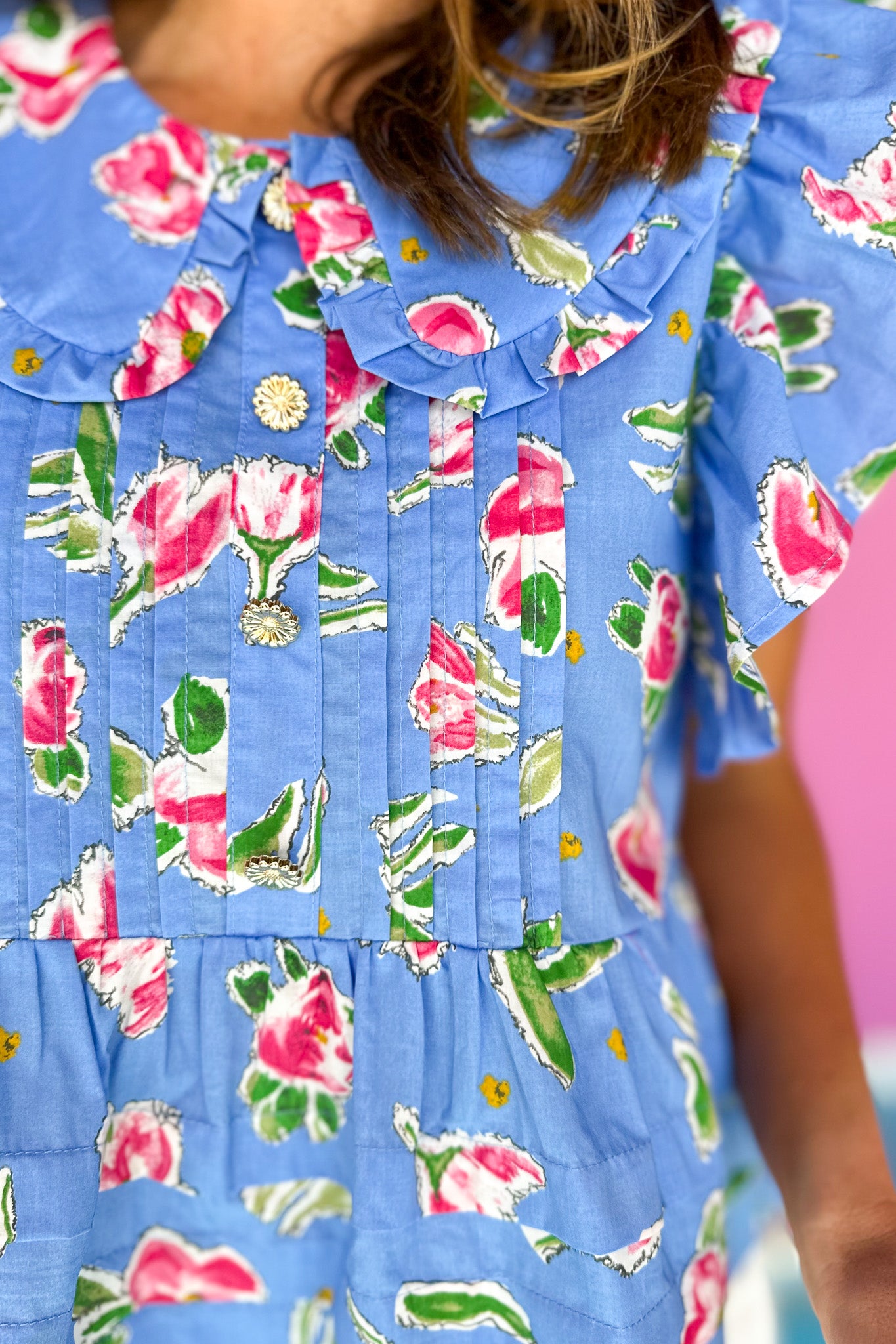 Blue Floral Print Peter Pan Collar Ruffle Hem Top