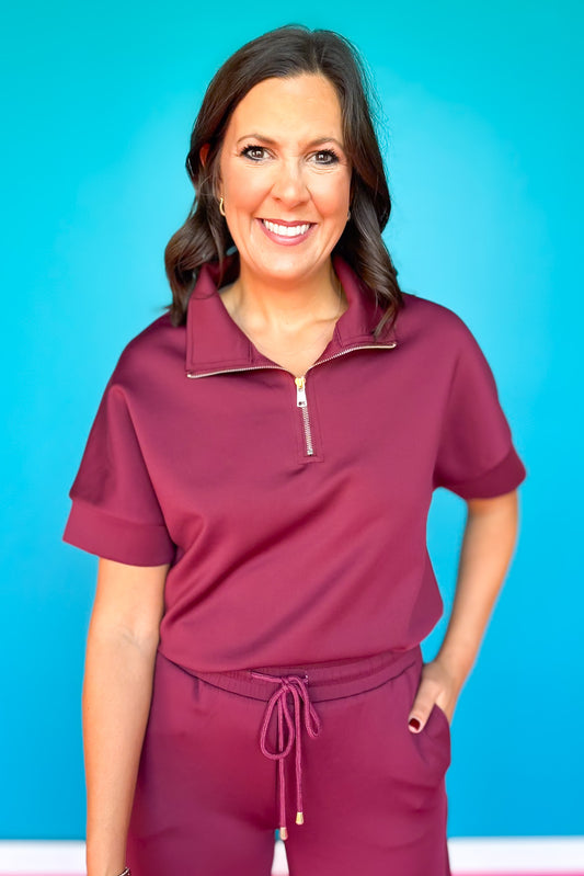 SSYS Quarter Zip Scuba Short Sleeve Top In Mulberry