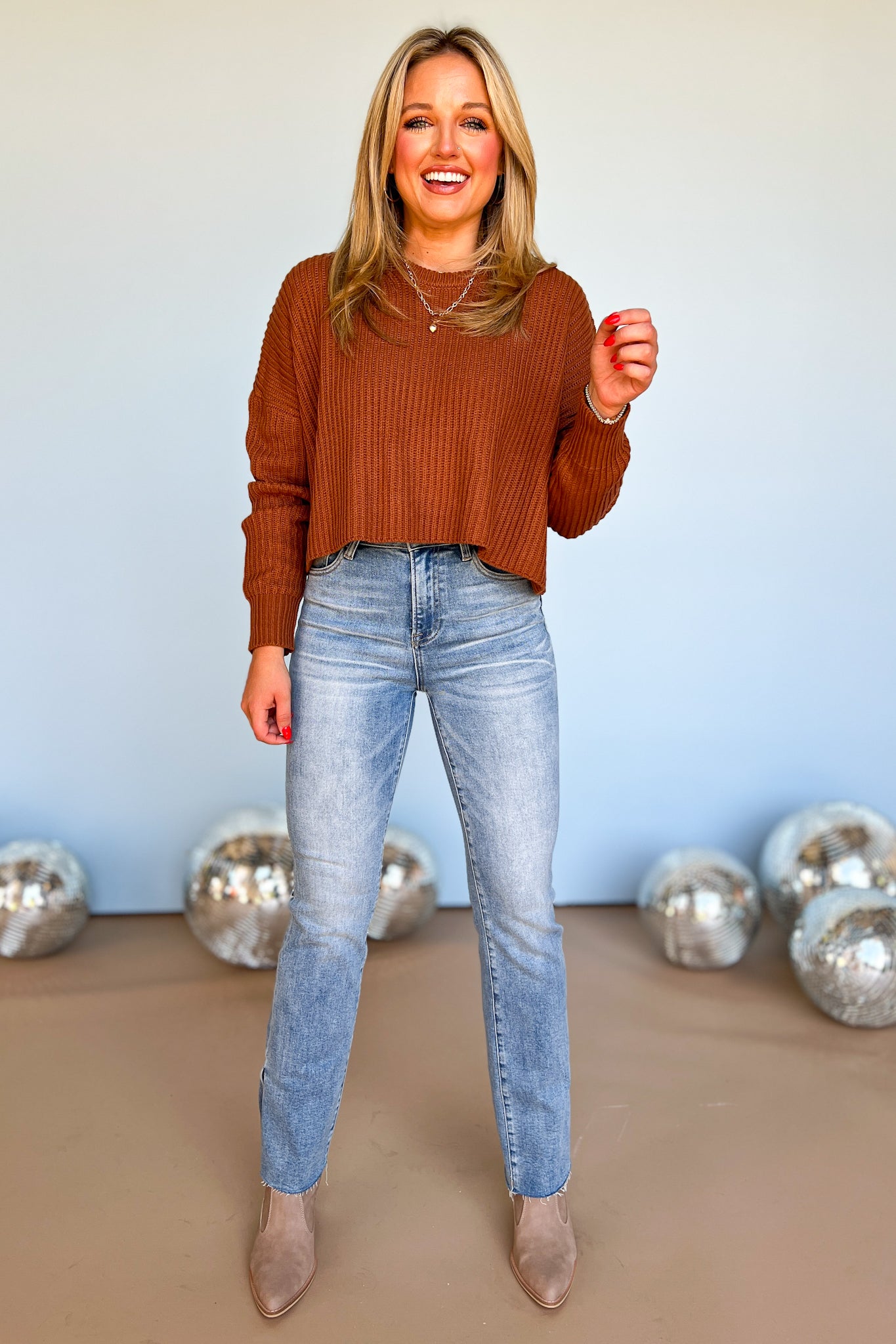 rust knit crew neck drop shoulder sweater, easy to wear, must have for fall, pair with denim, mom style, cozy and comfortable, shop style your senses by mallory fitzsimmons.